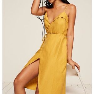 Sunflower yellow linen Reformation wrap dress
